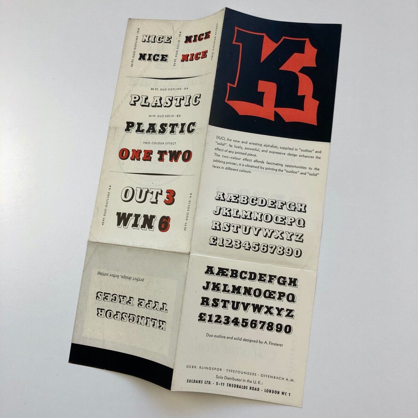 Klingspor Type Faces | Duo type specimen leaflet | Soldans Ltd, 1954 | Alfred Finsterer