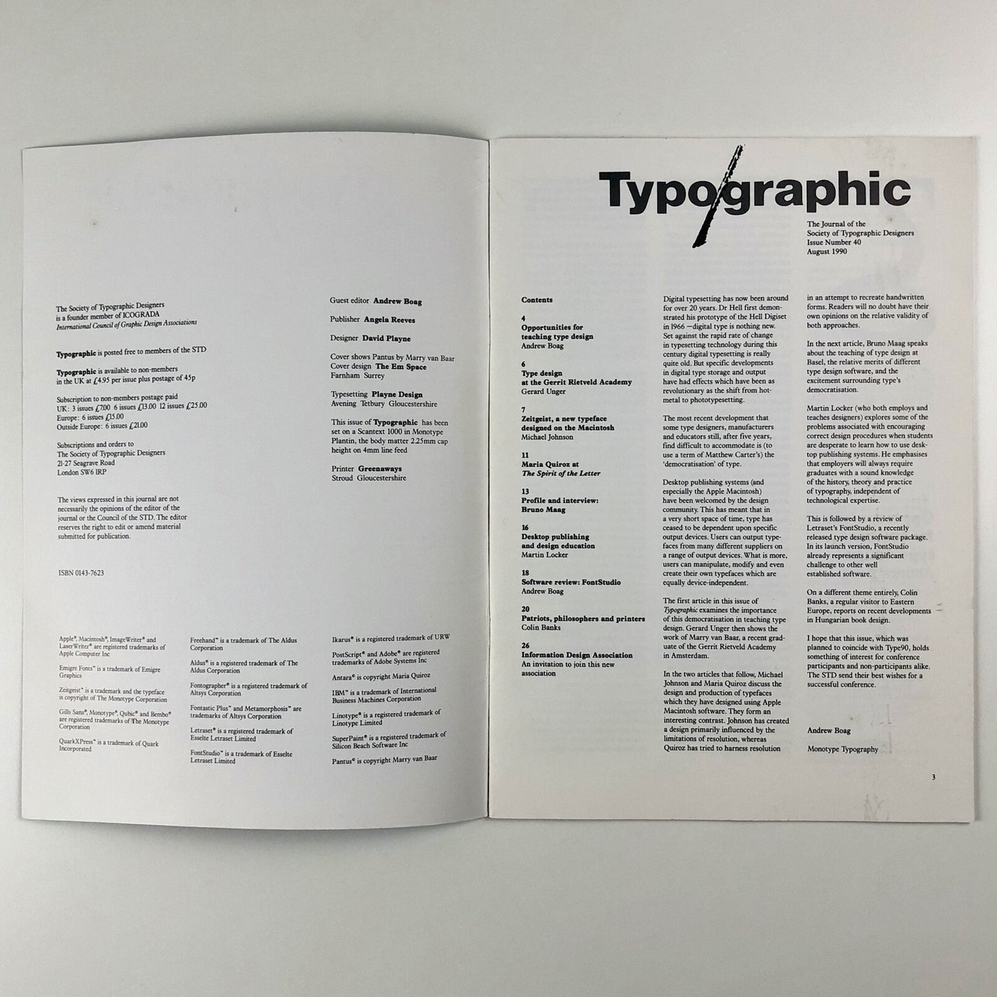 Typographic Journal of the Society of Typographic Designers | Issue 40, Summer 1990 | Guest editor Andrew Boag