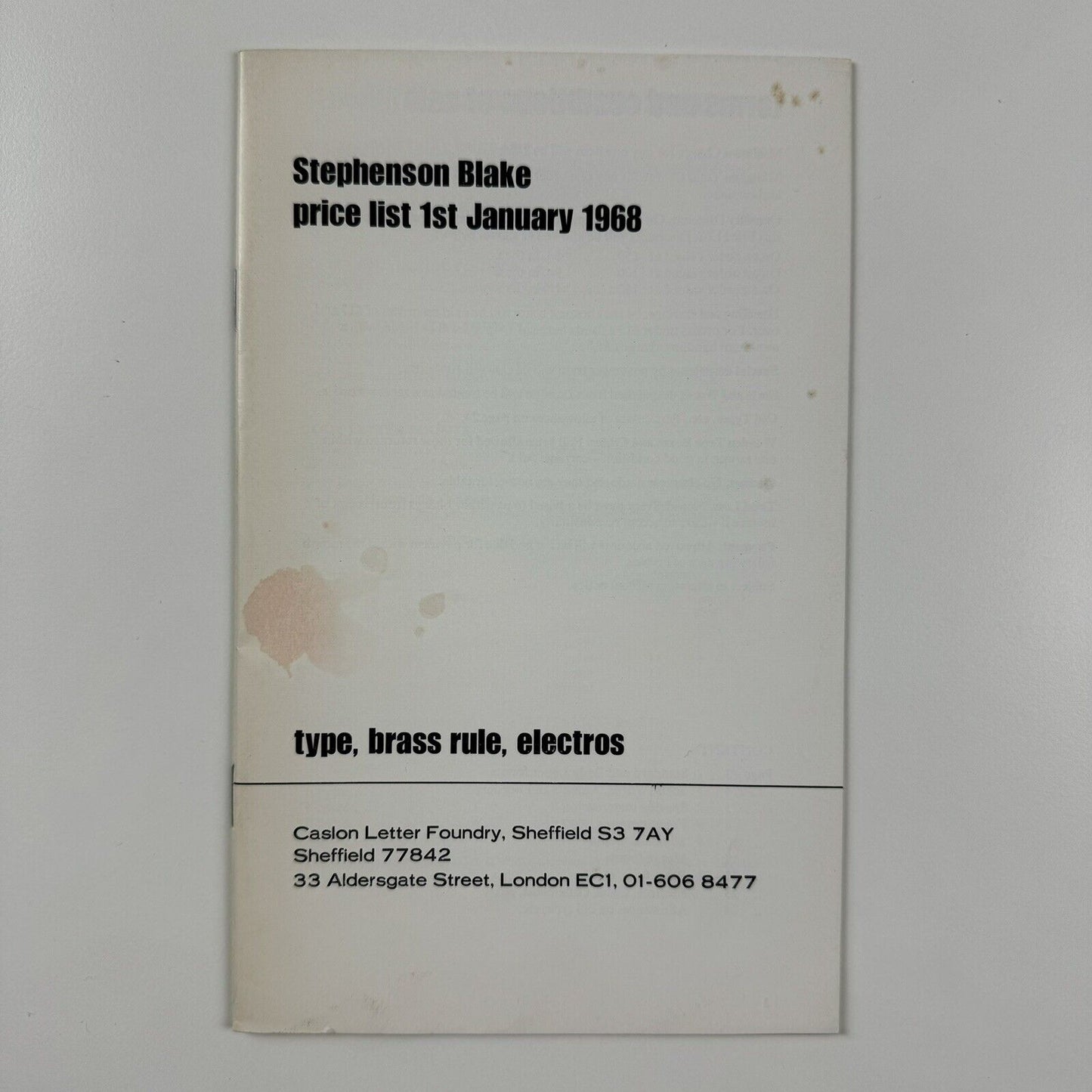 Booklet – Stephenson Blake price list, 1st January 1968 | Type, Brass rule, Electros