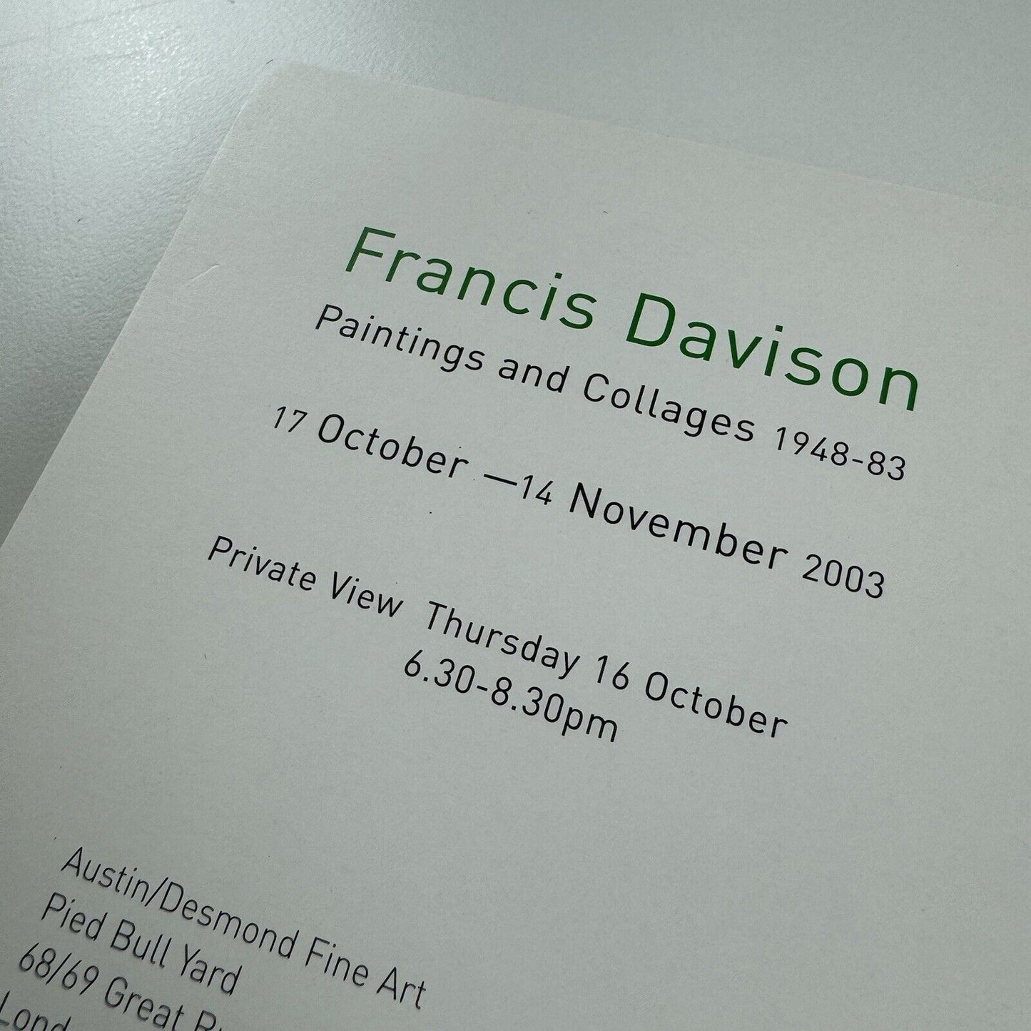 Francis Davison private view invitation – Paintings & Collages 1948-83 | Austin/Desmond, 2003