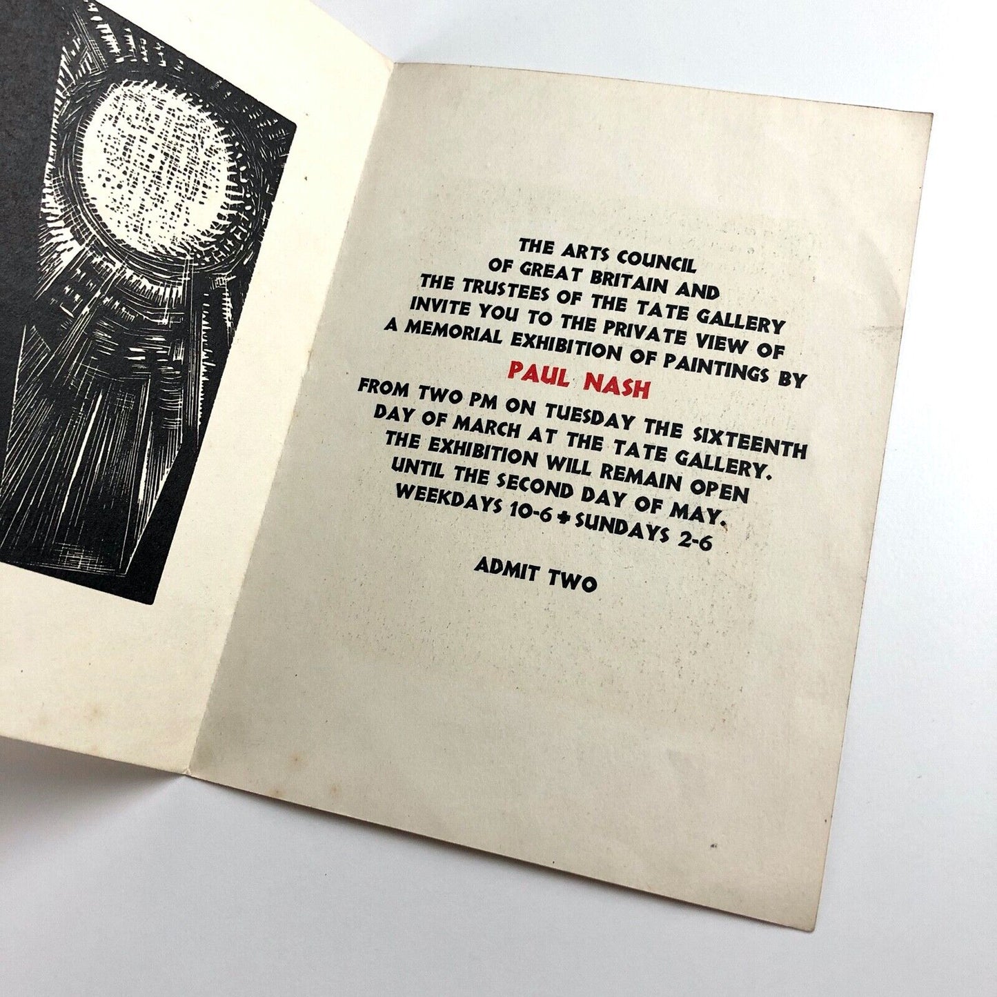 Private view invitation for Paul Nash Memorial Exhibition 1889-1946 | The Tate and Arts Council, 1946