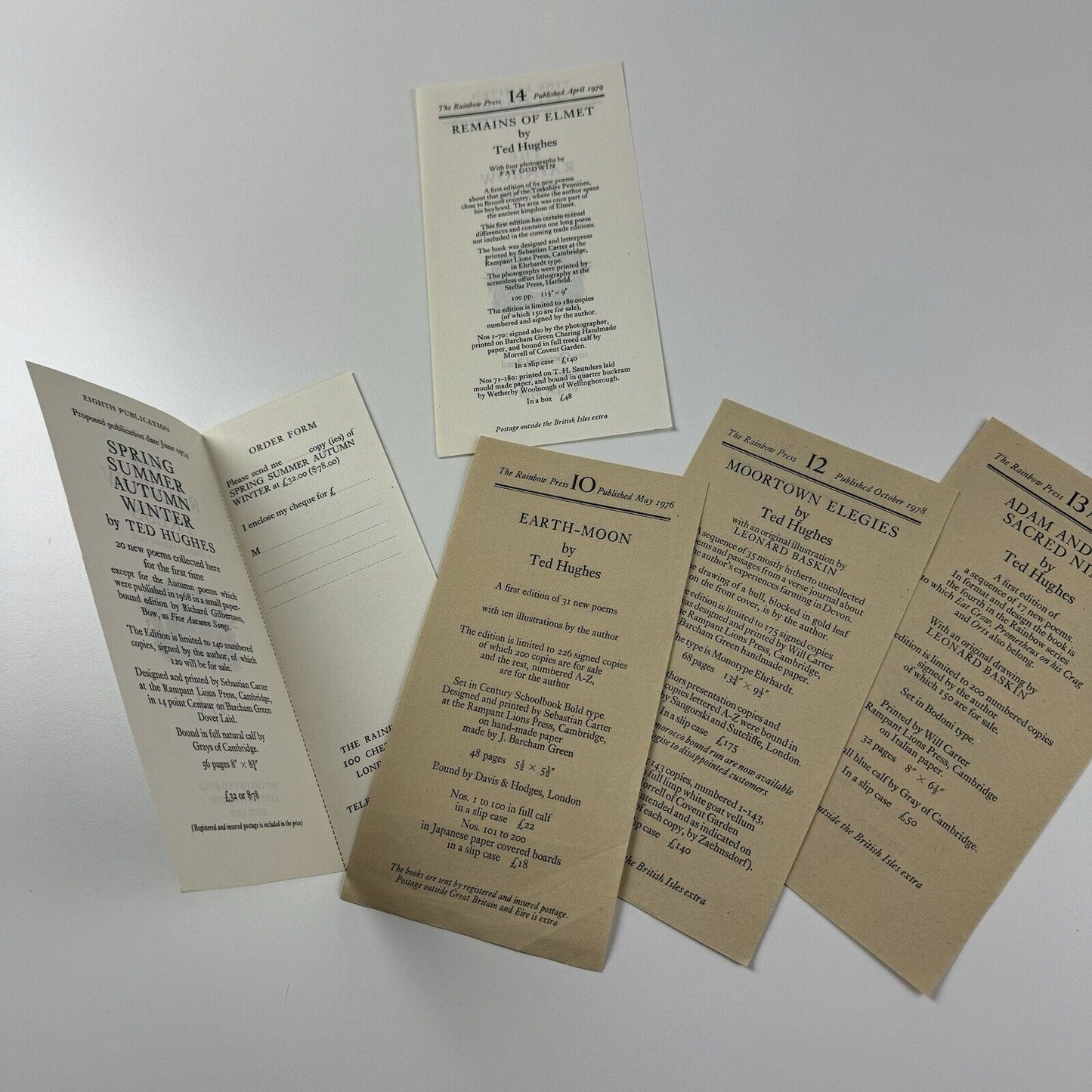 Five leaflets for The Rainbow Press relating to books by Ted Hughes – 1970s | Fine Limited First Editions