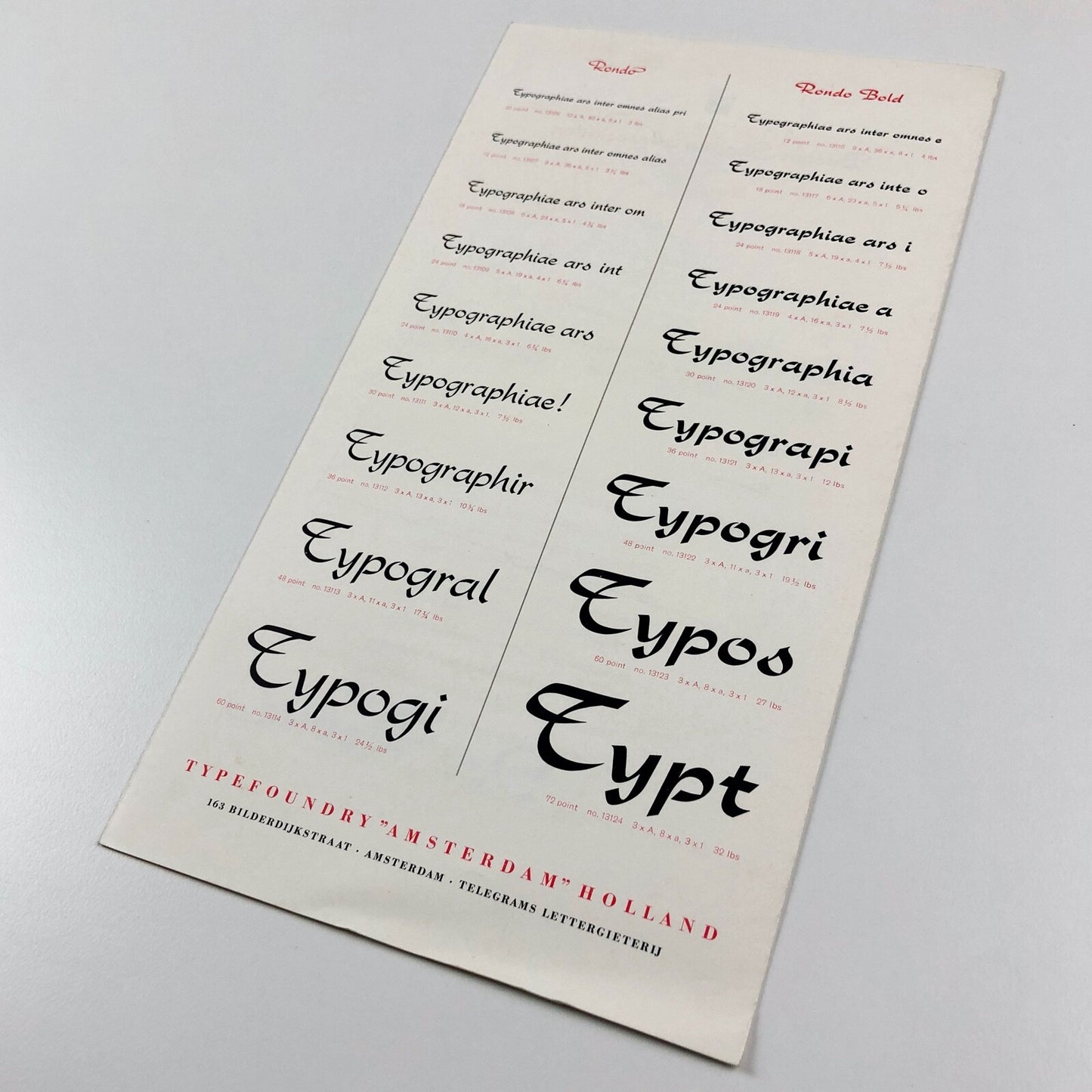 Type specimen – Rondo | Typefoundry Amsterdam | Design by Dick Dooyes, undated