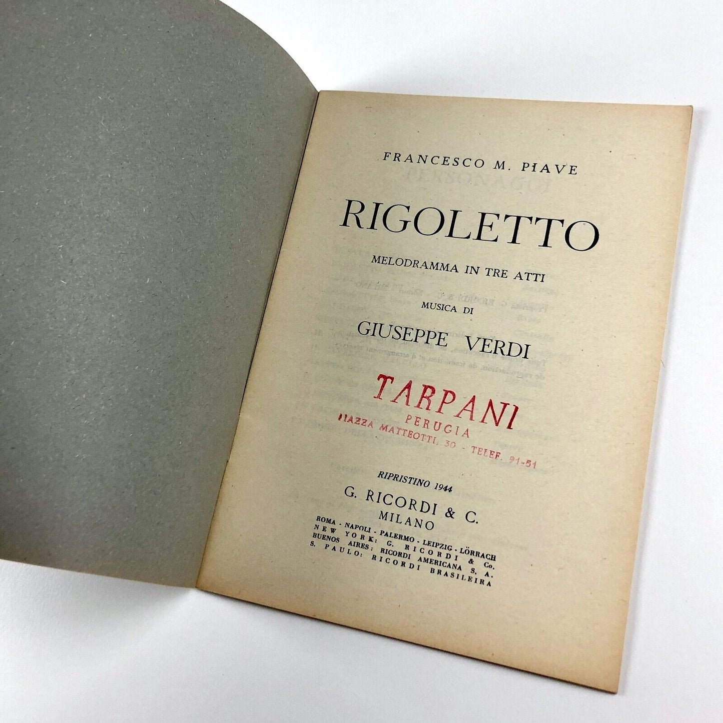 Francesco M. Piave | Rigoletto musica di Giuseppe Verdi | Ricordi, Milan, booklet 1944