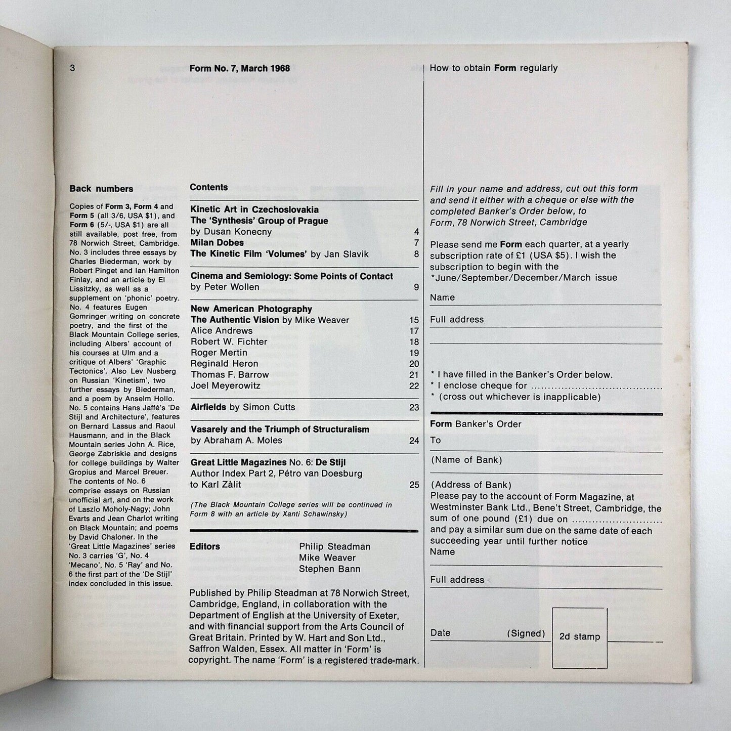Form magazine – issues 1 to 7 | Philip Steadman Stephen Bann Sep 1966 - Mar 1968