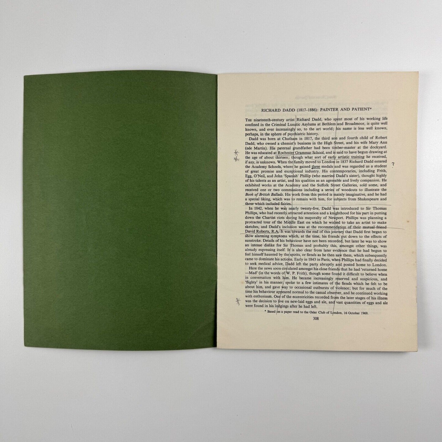 Richard Dadd (1817-1886): Painter and Patient by Patricia H. Allderidge. Offprint from Medical History, Volume XIV, Number 3 July 1970