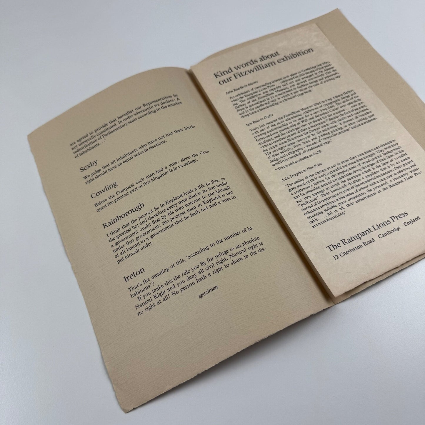 Prospectus for The Putney Debates by Jack Emery. Lino-cuts by Clare Melinsky | The Rampant Lions Press