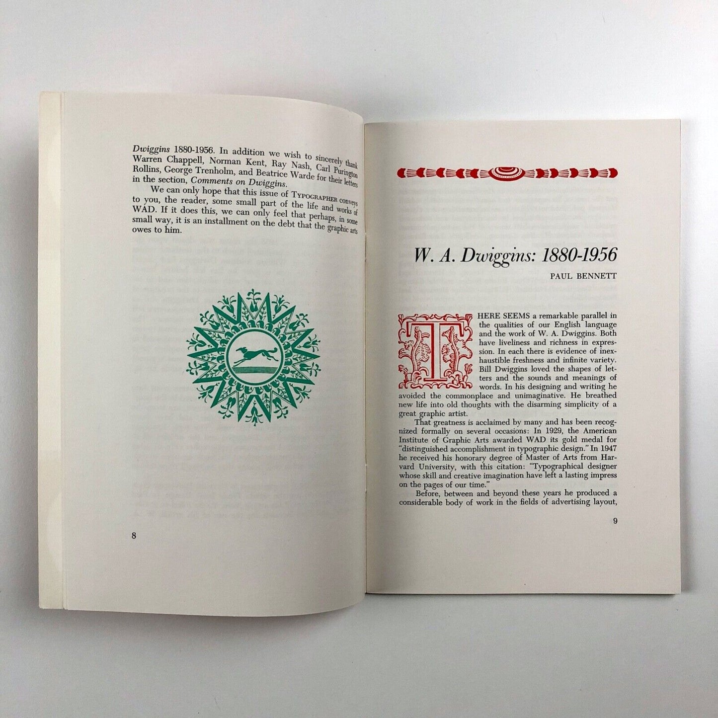 Typographer Spring 1958 Volume XIX No. 1 | In Memory of William A. Dwiggins | Rochester Institute of Technology, New York. Short note by Beatrice Warde