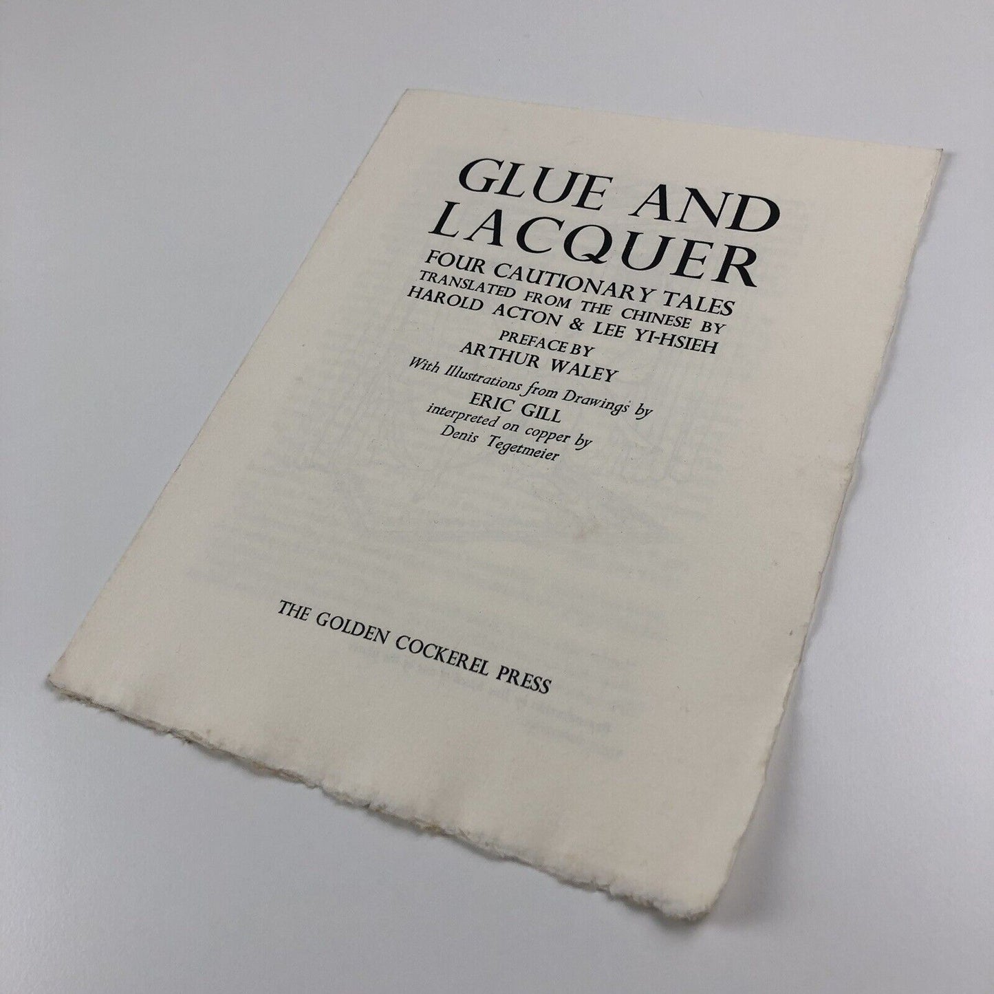 Prospectus for Glue and Lacquer translated by Harold Acton illustrations Eric Gill Golden Cockerel Press c1941