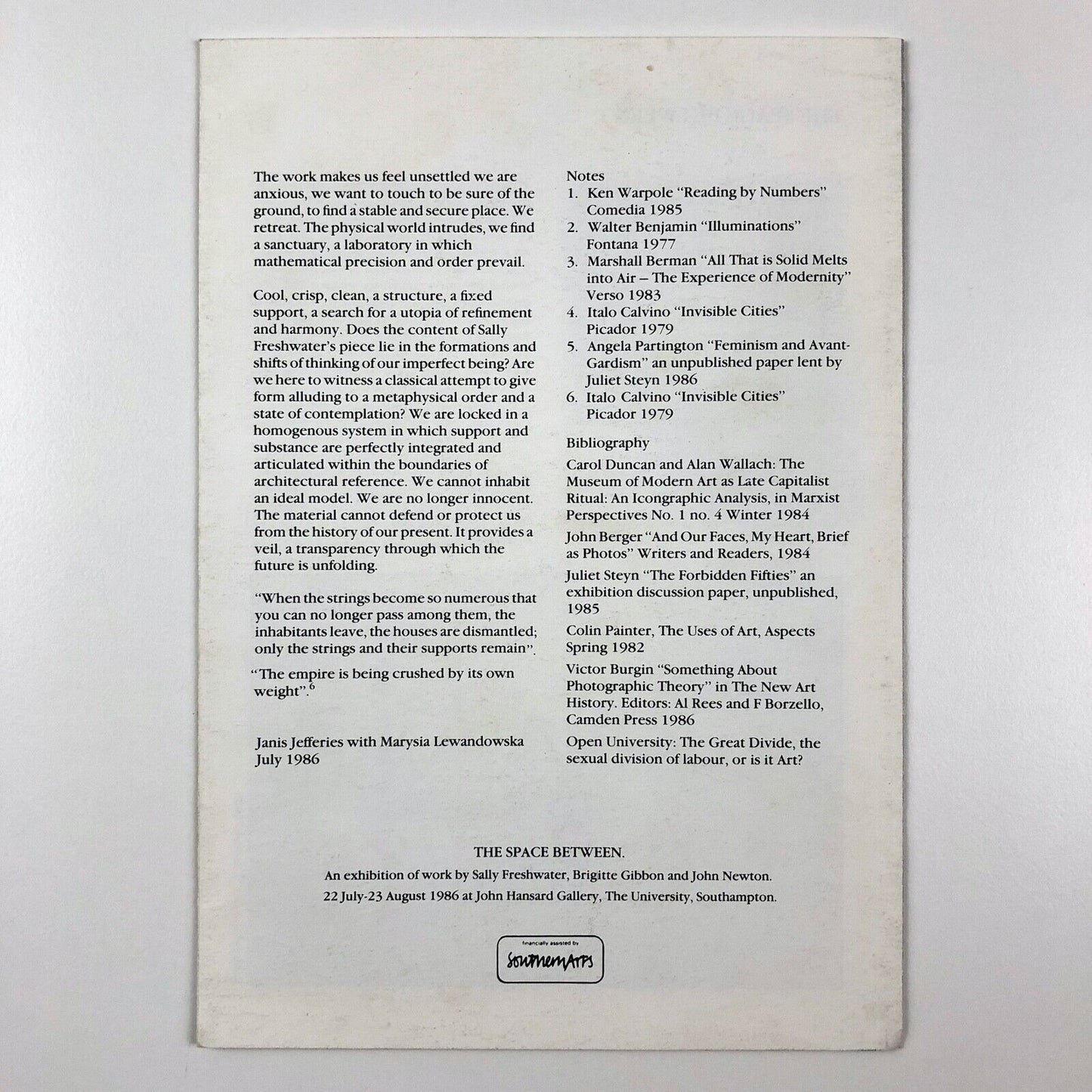 The Space Between – exhibition leaflet | John Hansard Gallery Southampton, 1986