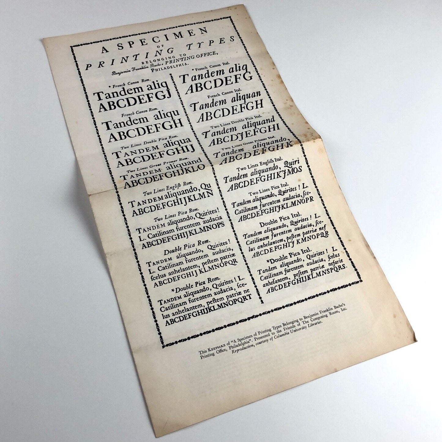 Keepsake presented to the Friends of The Composing Room, Inc. A Specimen of Printing Types Benjamin Franklin Bache's Printing Office