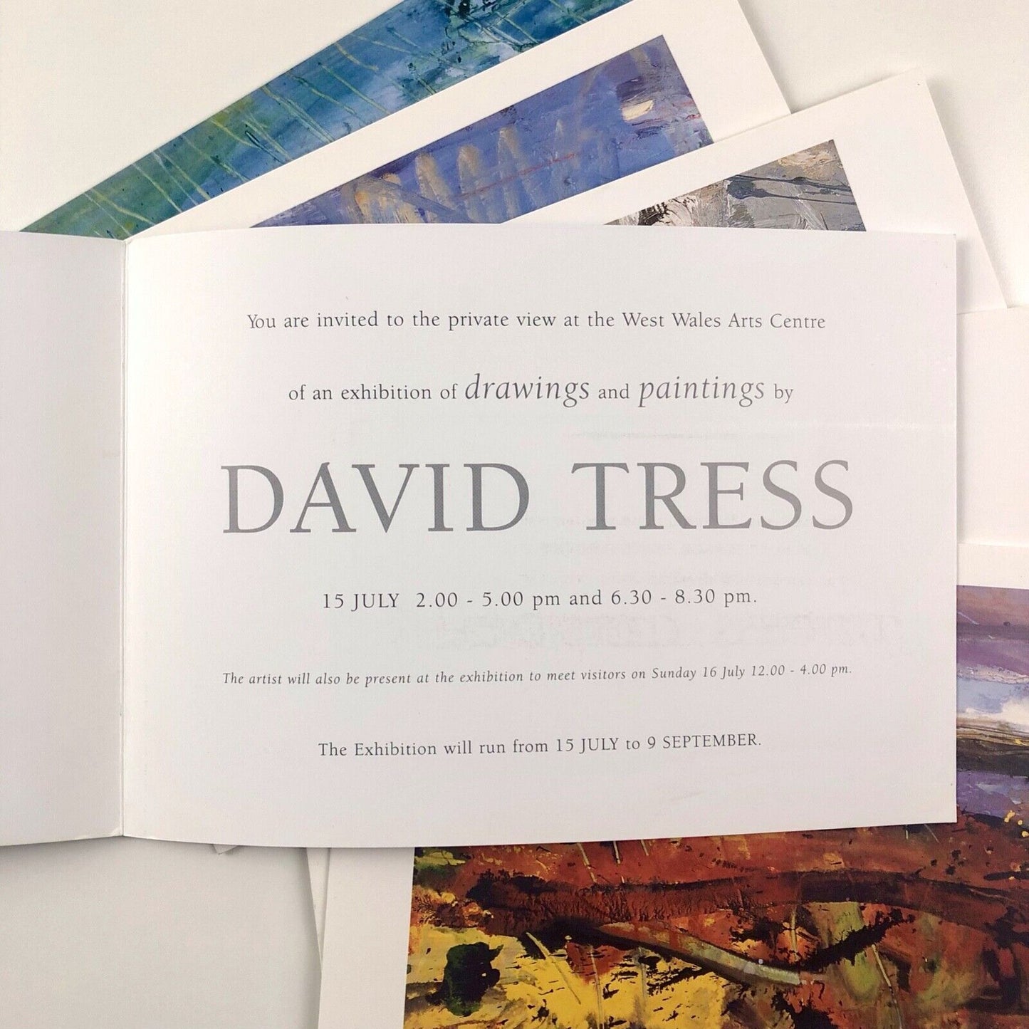 Five blank cards – David Tress paintings, with private view card | West Wales Art Centre