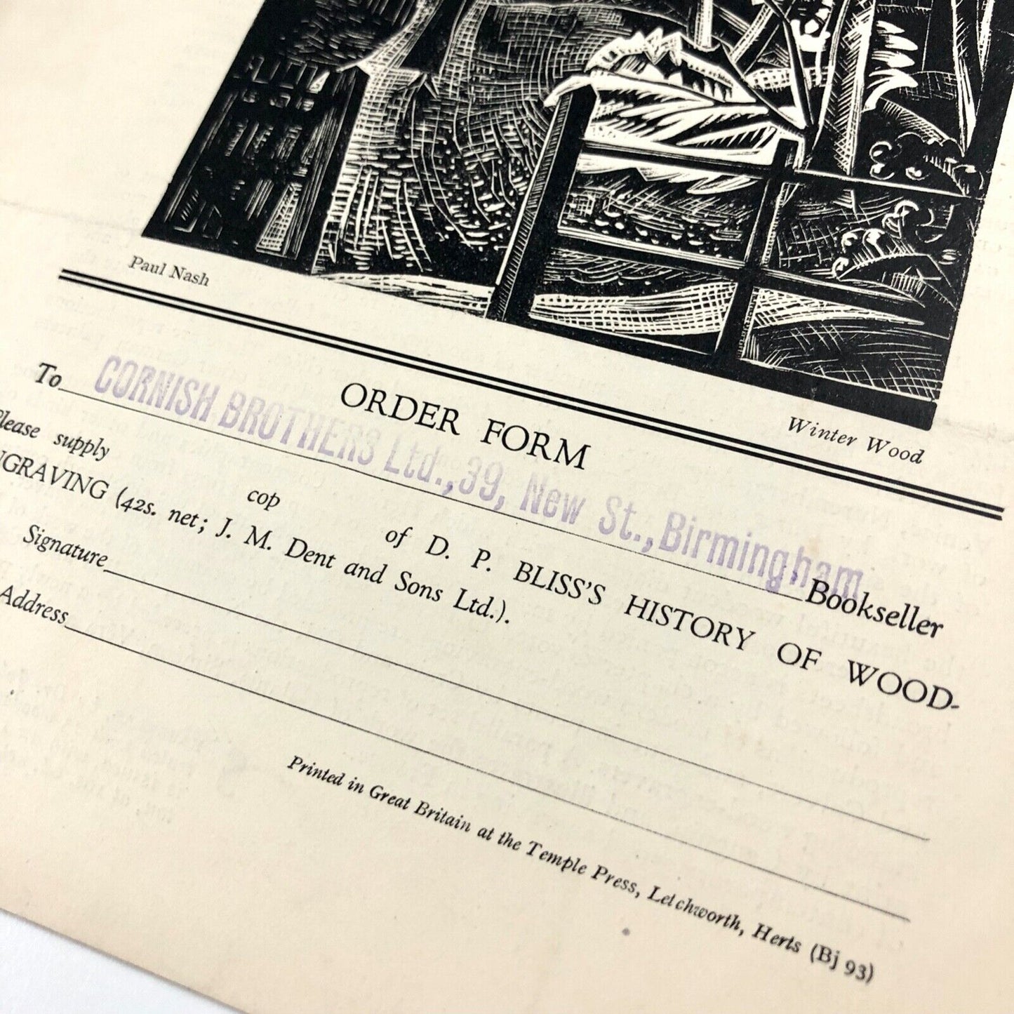 Prospectus for A History of Wood-Engraving by Douglas Percy Bliss | J.M. Dent & Sons Ltd, c .1928? | Cornish Brothers booksellers stamp
