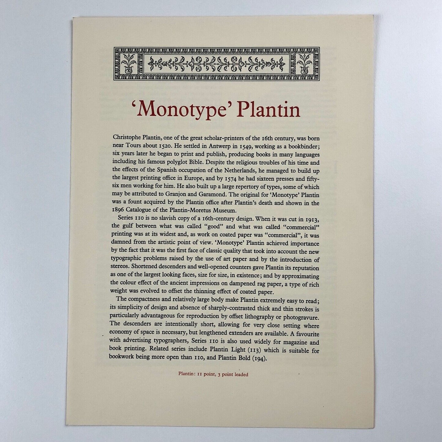 Monotype 'Plantin' type specimen leaflet | The Monotype Corporation | Undated