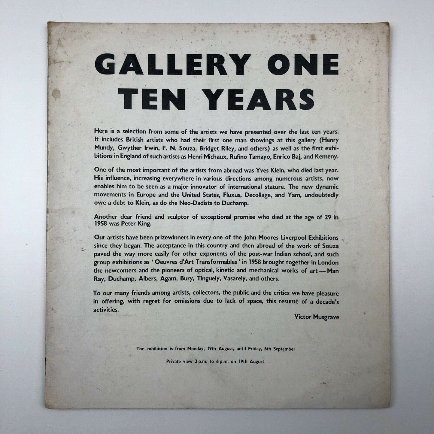 Gallery One: Ten Years | Exhibition catalogue, 1963 | Robyn Denny, Bridget Riley, Peter King, David Boyd, George Fullard