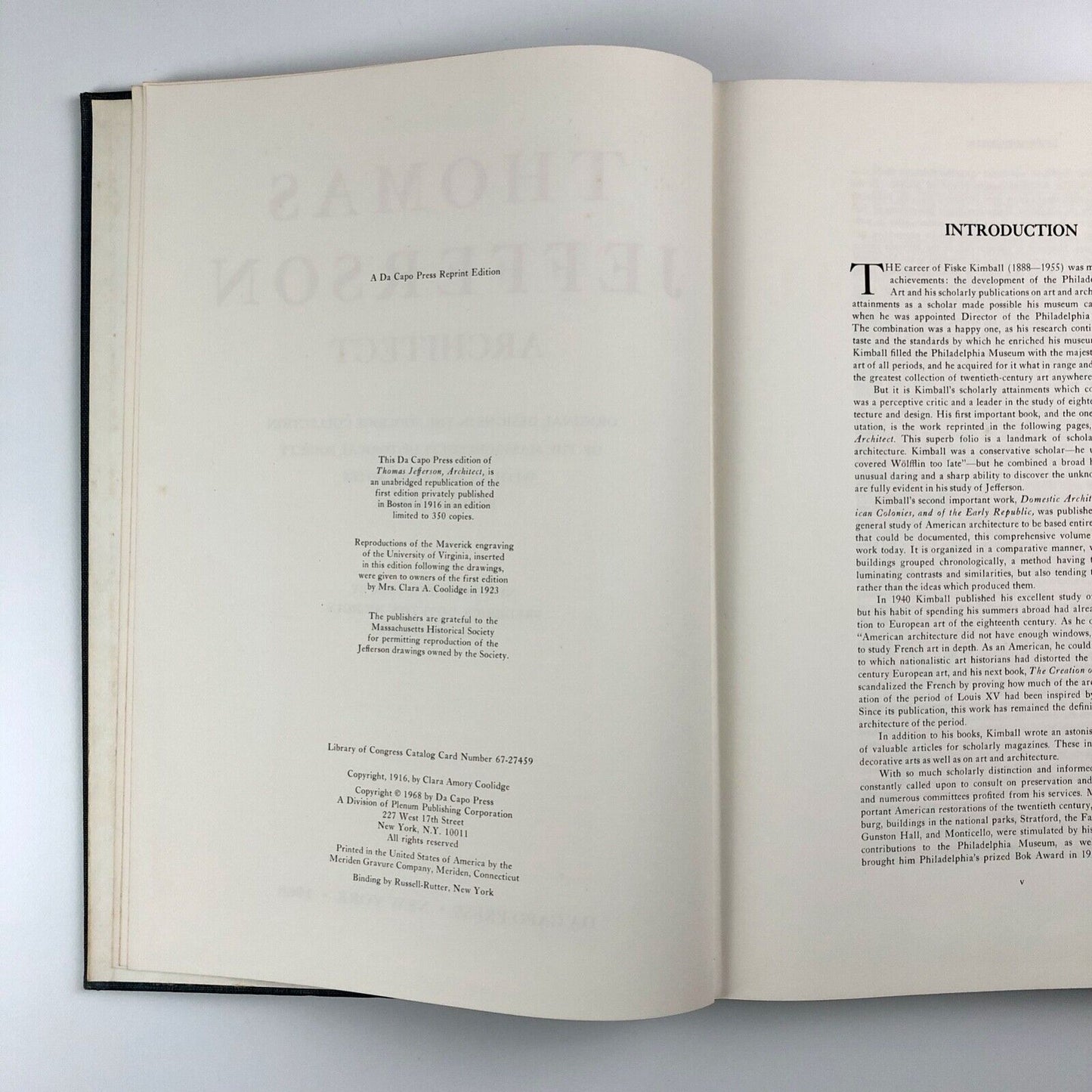 Thomas Jefferson Architect | Coolridge Collection | Fiske Kimball | De Capo Press 1968