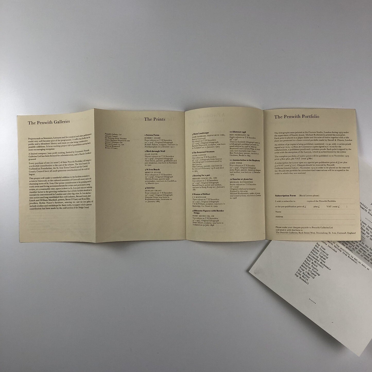 Leaflet – A Portfolio of Twelve Lithographs | Penwith Galleries, November 1973