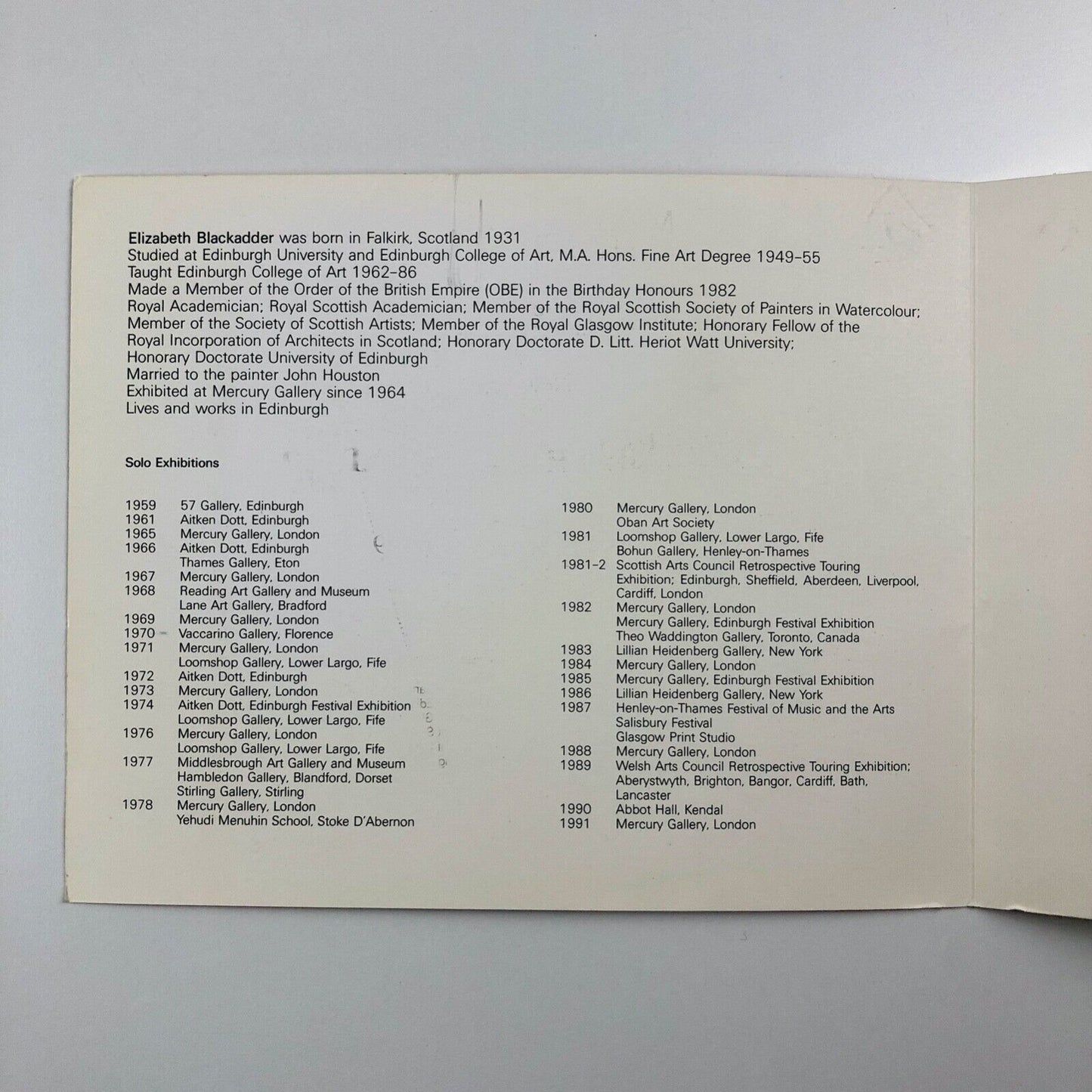 Folding card for Elizabeth Blackadder | Mercury Gallery, 1991