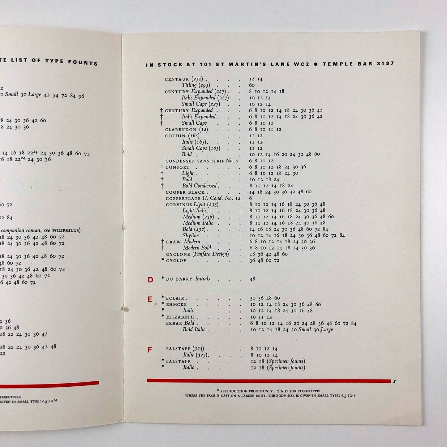 Type founts and sizes held at The Fanfare Press | Type specimen leaflet