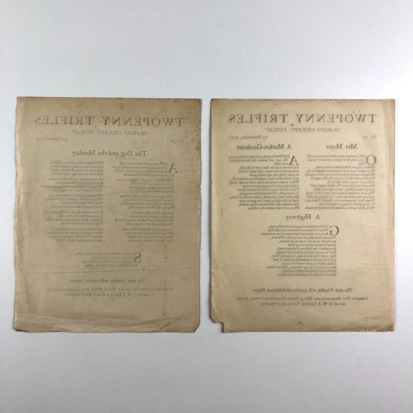 Twopenny Trifles No 21 and No 22 1921 | The Shakespeare Head Press sold by W.J. Ibbett