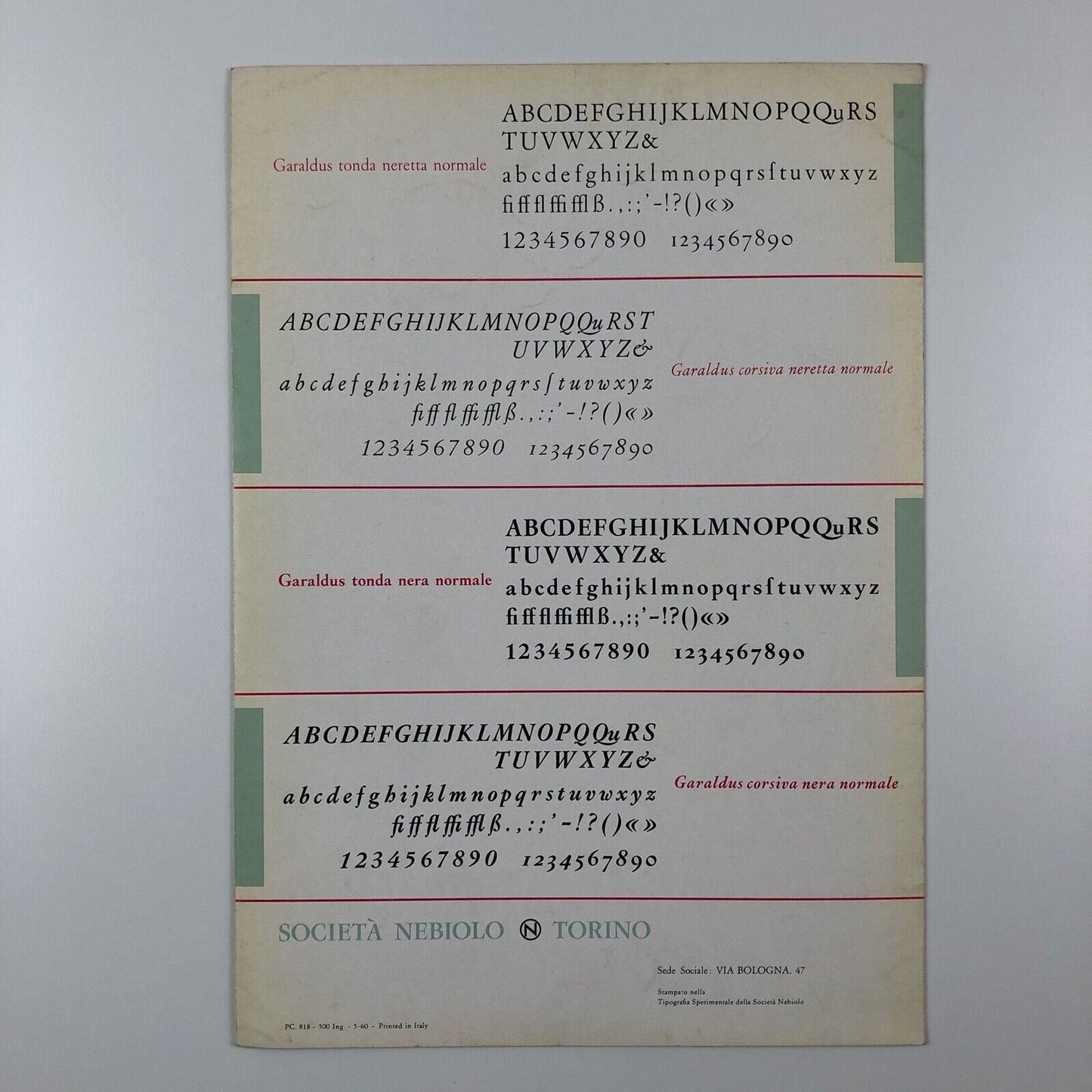 Garaldus type specimen for Società Nebiolo, Torino | type design by Aldo Novarese 1956