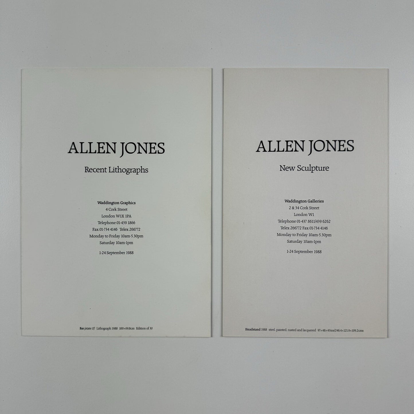 Allen Jones – 2 x promotional cards | Waddington Galleries, 1988