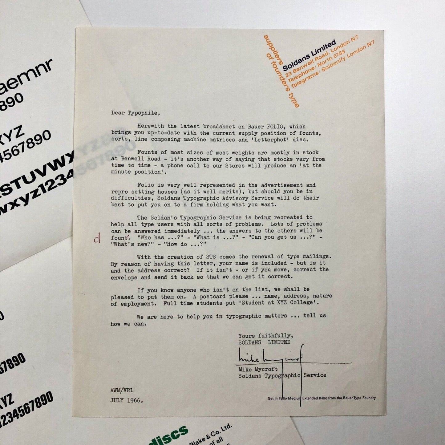 Soldans type specimen – broadsheet and related letter | '16 x Bauer Folio' | West Germany, July 1966