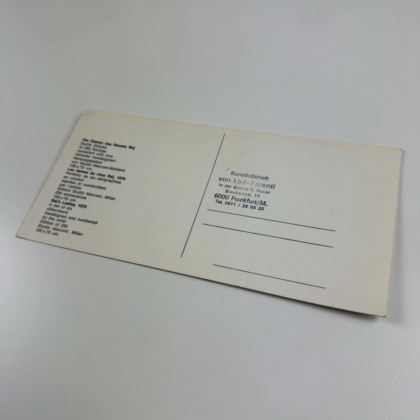Promotional card for Enrico Baj, presumably an exhibition. Undated, presumed to be 1970s