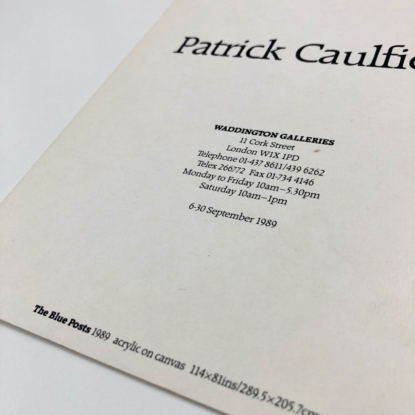 Promotional card for Patrick Caulfield | Waddington Galleries, 1989