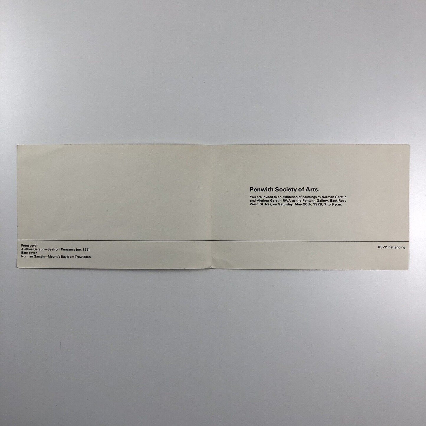 Invite to Norman & Alethea Garstin Penwith Gallery Society of Artists | Private view card, May 1978