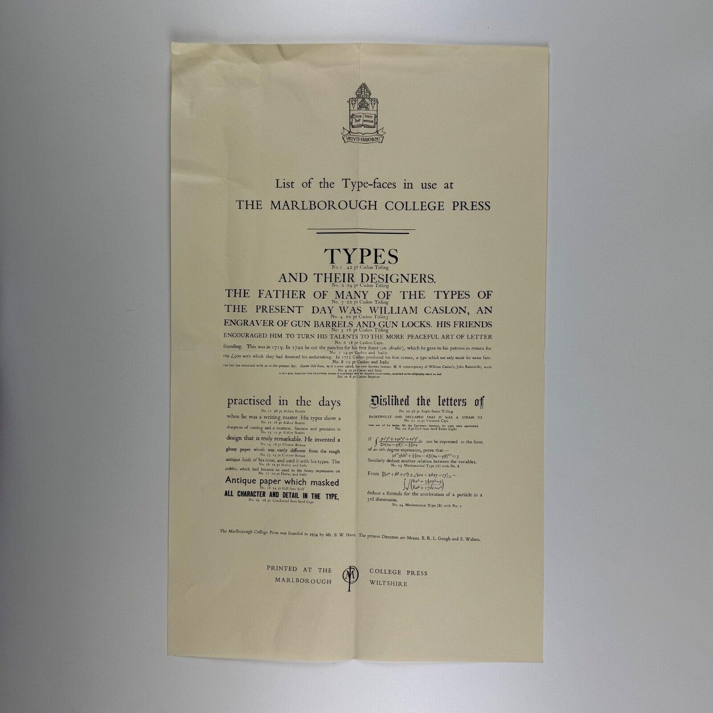 Broadsheet Type-faces in use at The Marlborough College Press undated
