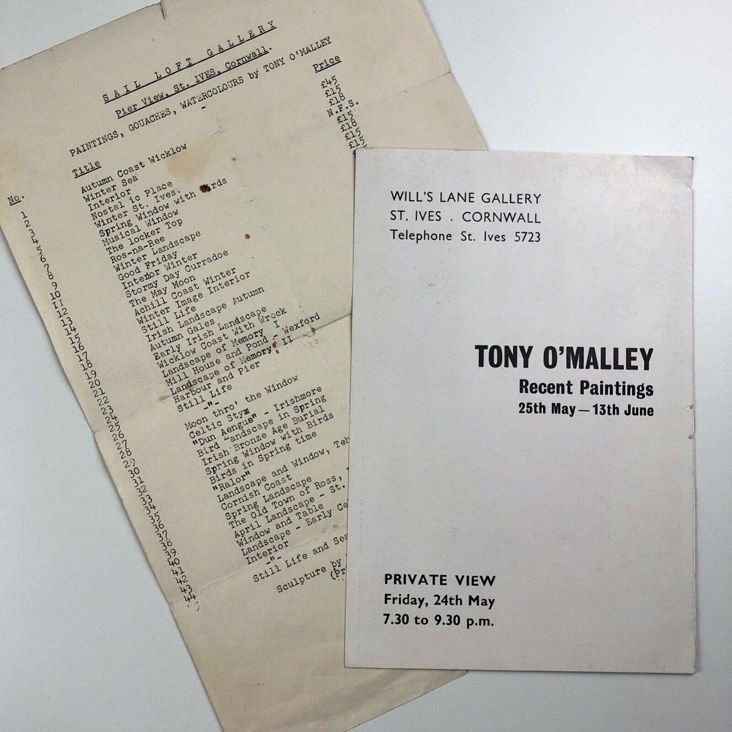Tony O'Malley Recent Paintings | Will's Lane Gallery & Sail Loft Gallery two pieces of ephemera