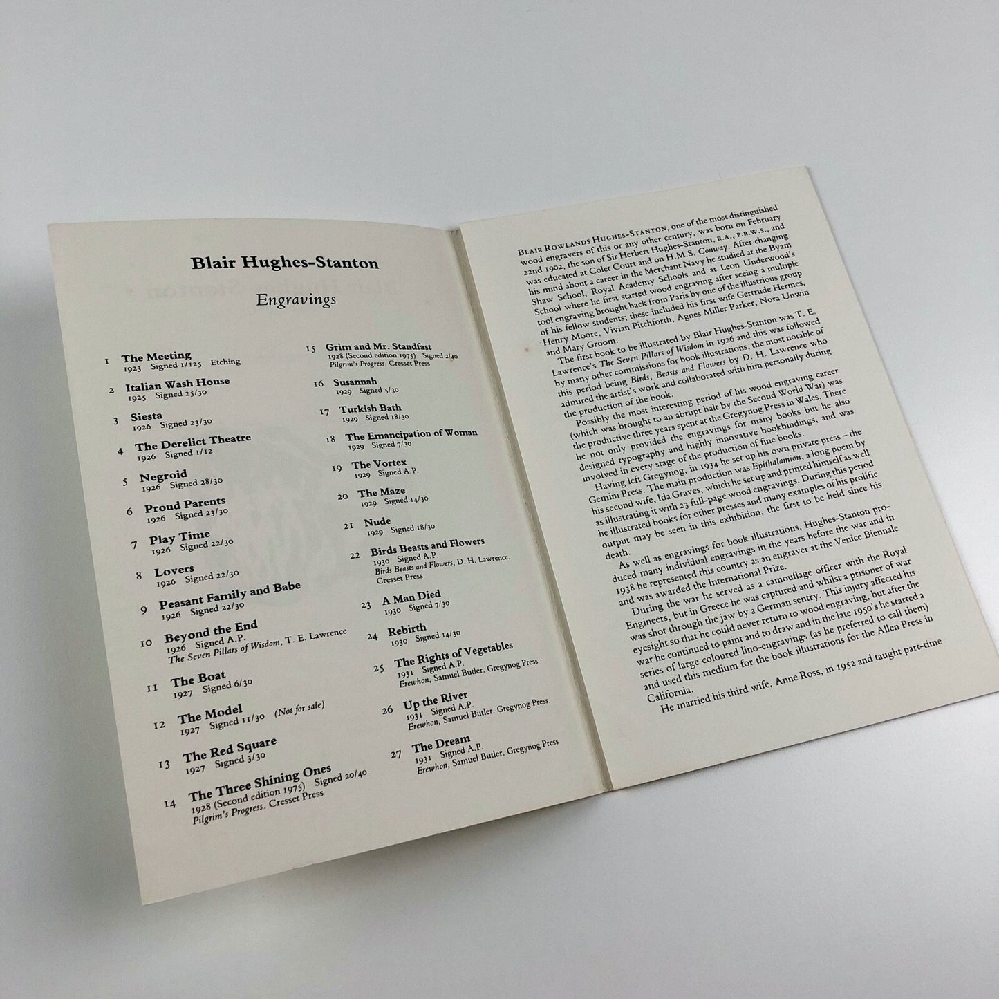 Blair Hughes-Stanton (1902-1981). Engravings | Studio One Gallery, Oxford 1982 | Exhibition leaflet