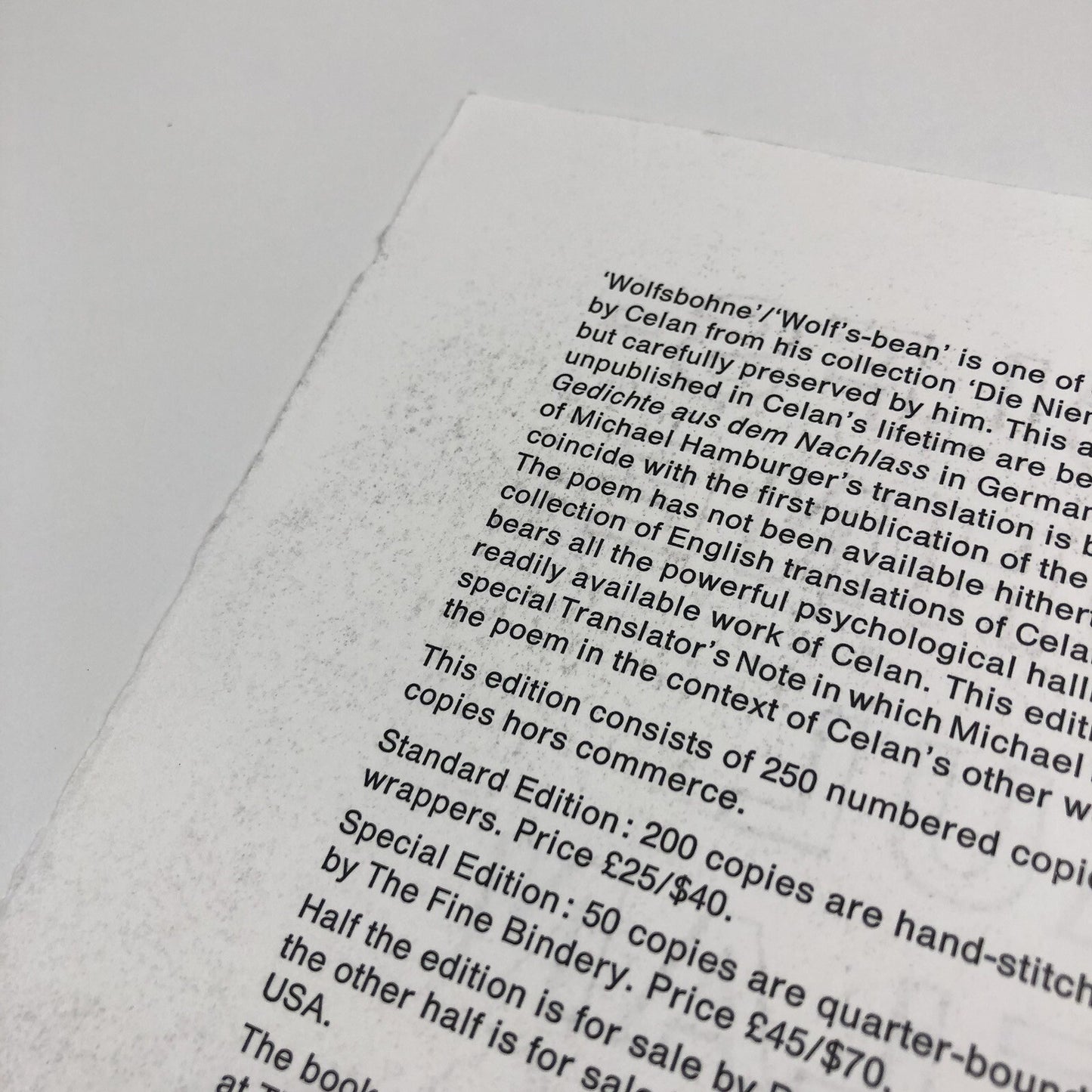 Prospectus – Wolfs-Bohne/Wolf’s-Bean by Paul Celan Delos Press/William Drenttel