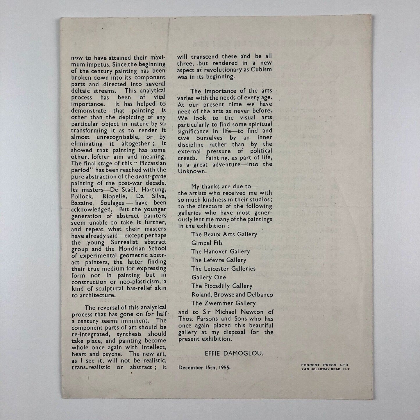 Aspects of Contemporary English Painting presented by Miss Effie Damoglou | Parsons Gallery, January 1956