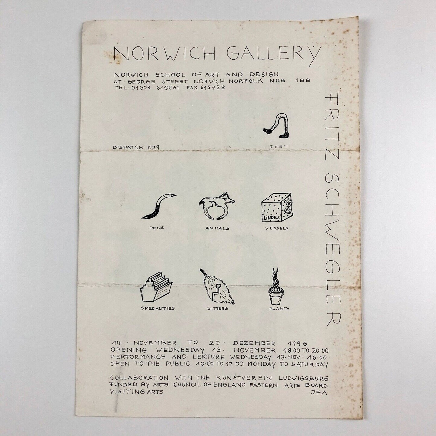 Leaflet to accompany the exhibition Fritz Schwegler | Norwich Gallery Norwich School of Art and Design 1996