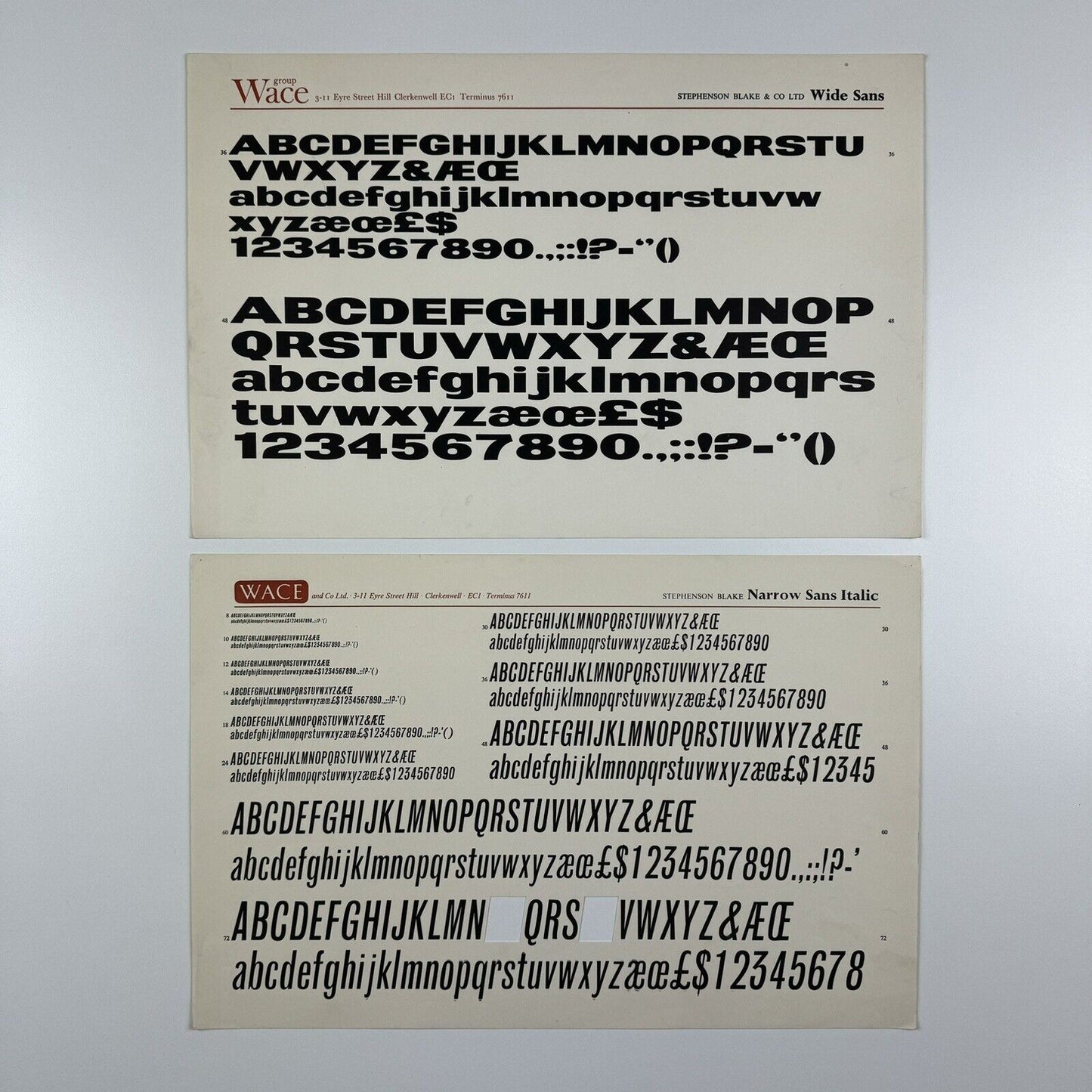 2 x Stephenson Blake type specimen sheets: Wide Sans and Narrow Sans Italic | Wace Group