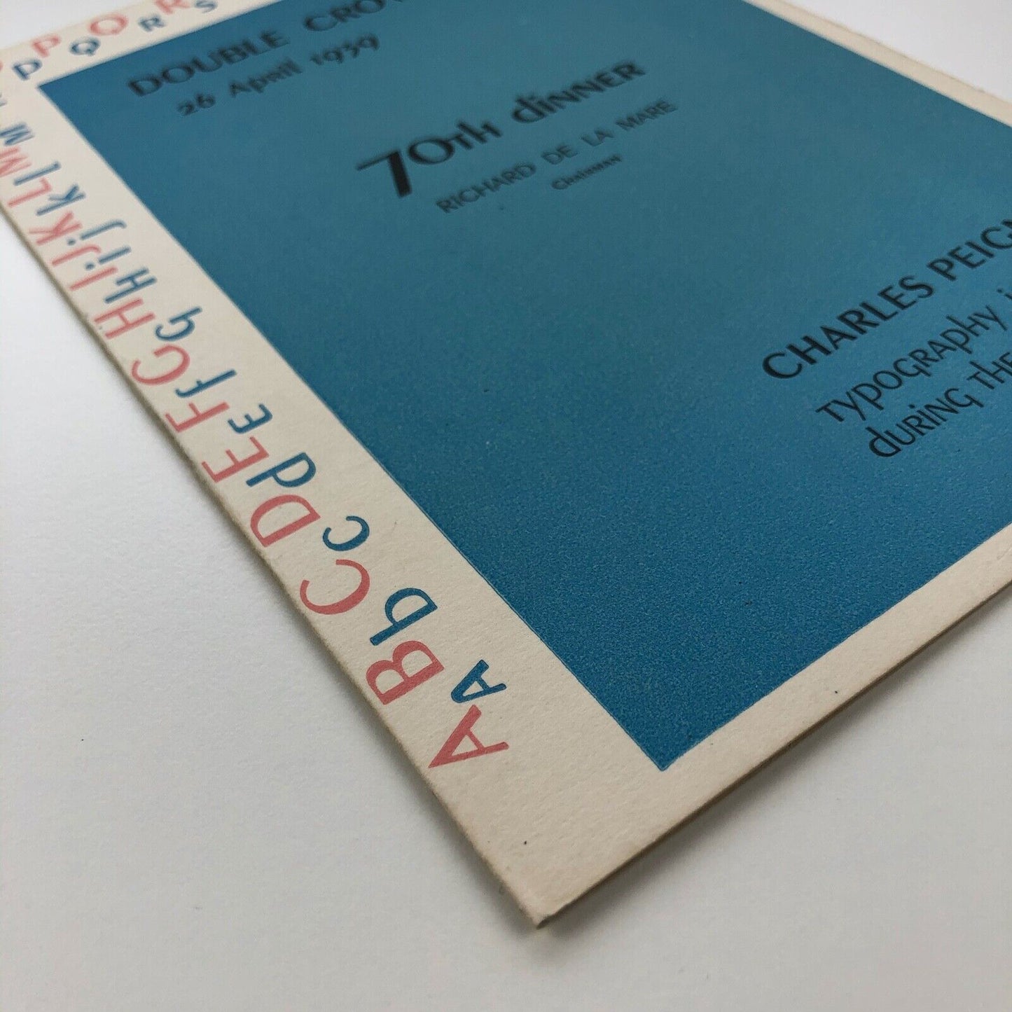 Double Crown Club 70th dinner menu for Charles Peignot talk 26 April 1939 on Typography in France during the 19th century | Menu designed by R.B. Fishenden