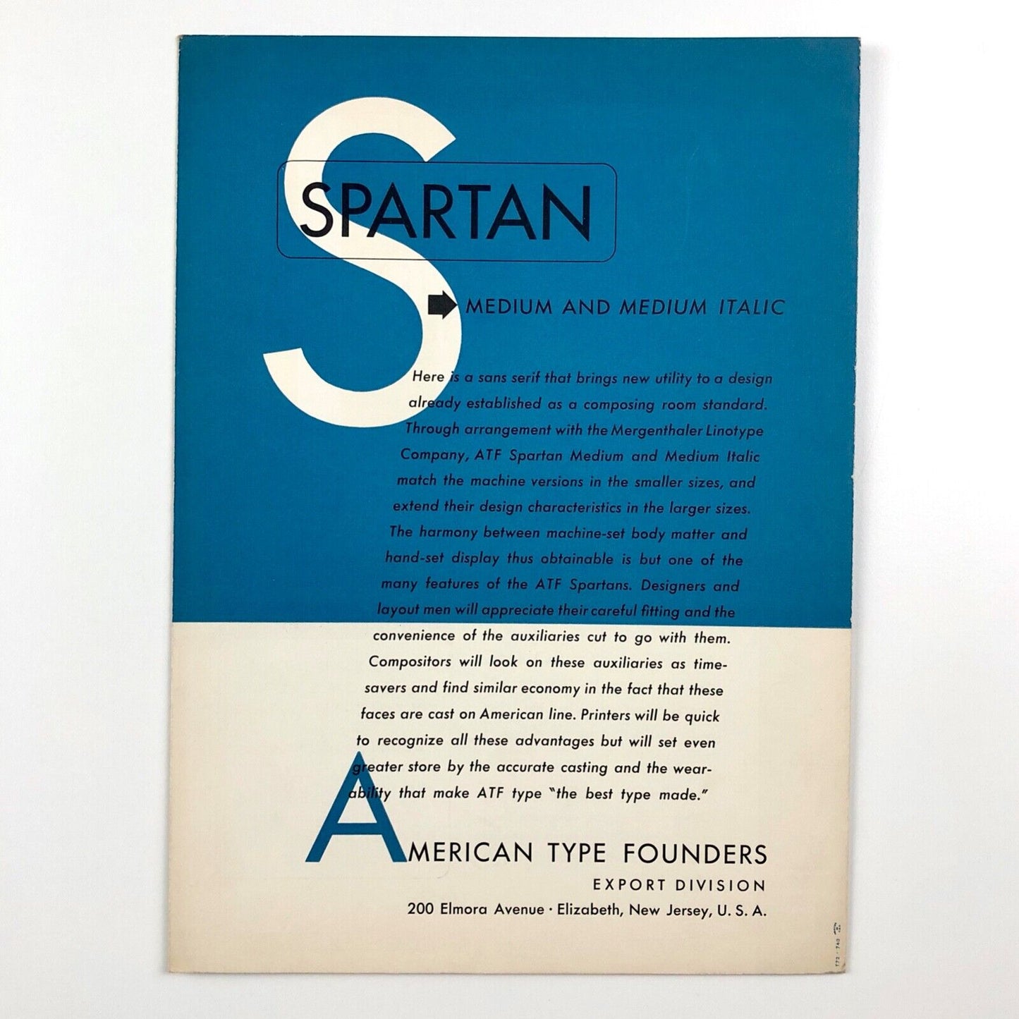 Spartan Medium and Medium Italic type specimen leaflet | American Type Founders, undated
