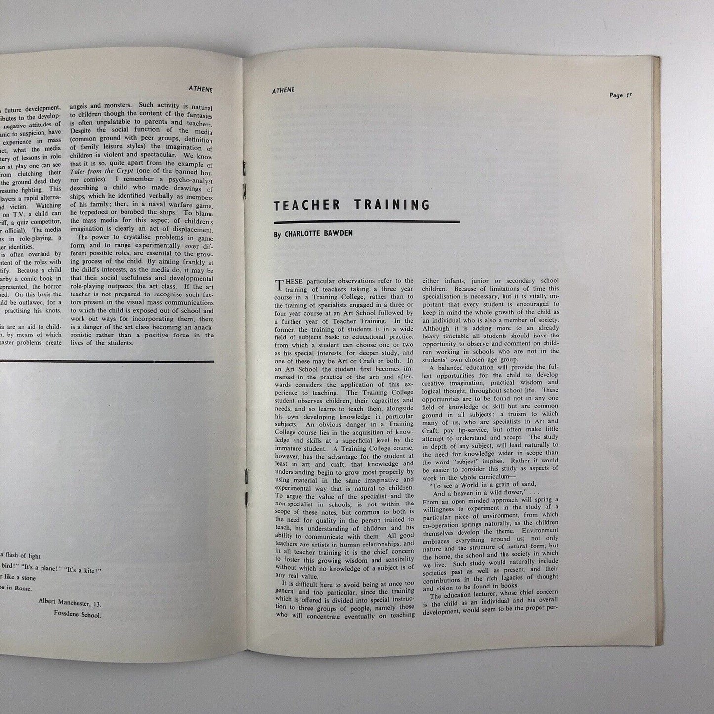 Athene. The Journal of the Society of Education through Art | Vol 9 No 1 Winter 1958-9 | edited by Dennis Young | Herbert Read