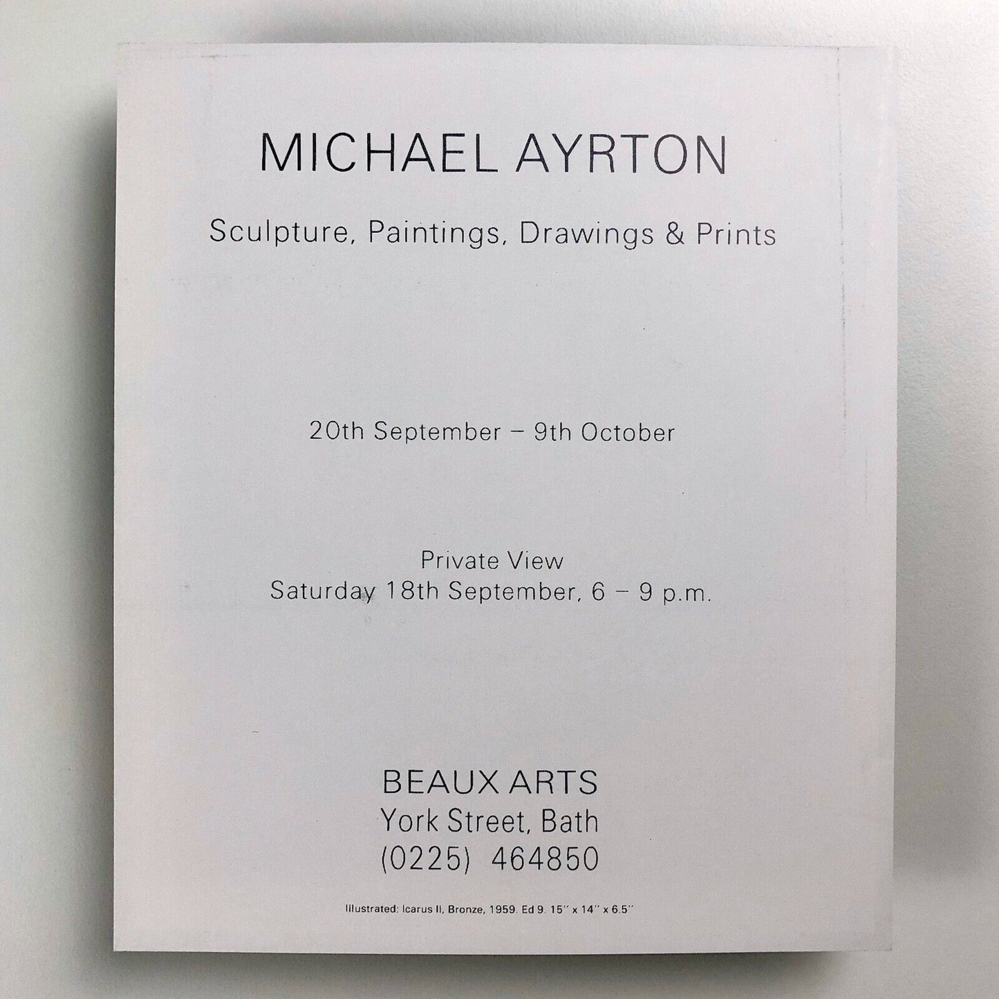 Michael Ayrton – Beaux Arts, Bath | Exhibition private view card