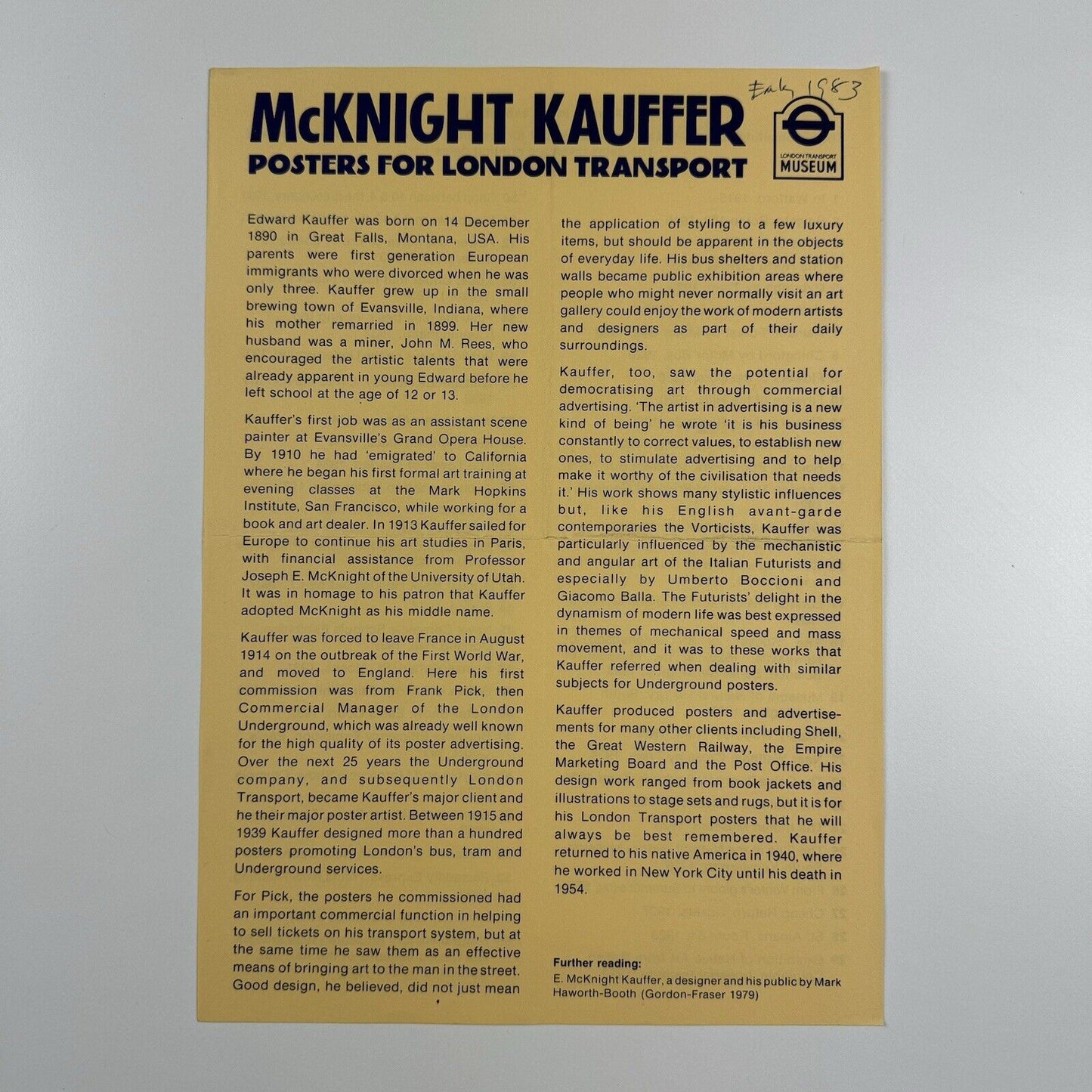 McKnight Kauffer Posters for London Transport list relating to the display at the London Transport Museum in 1983