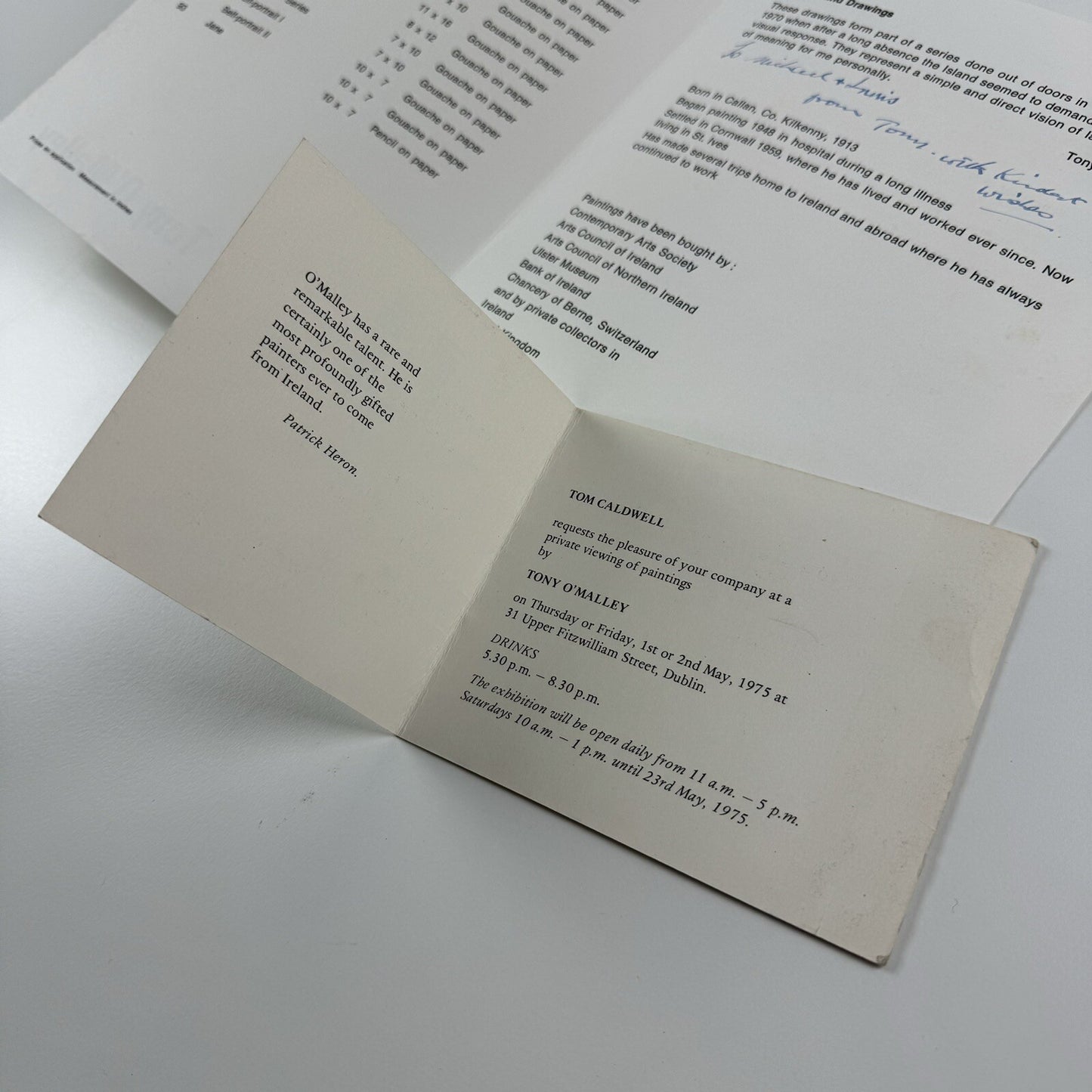 Tony O'Malley – Folded card and Private View invite | Tom Caldwell Galleries Dublin | Signed