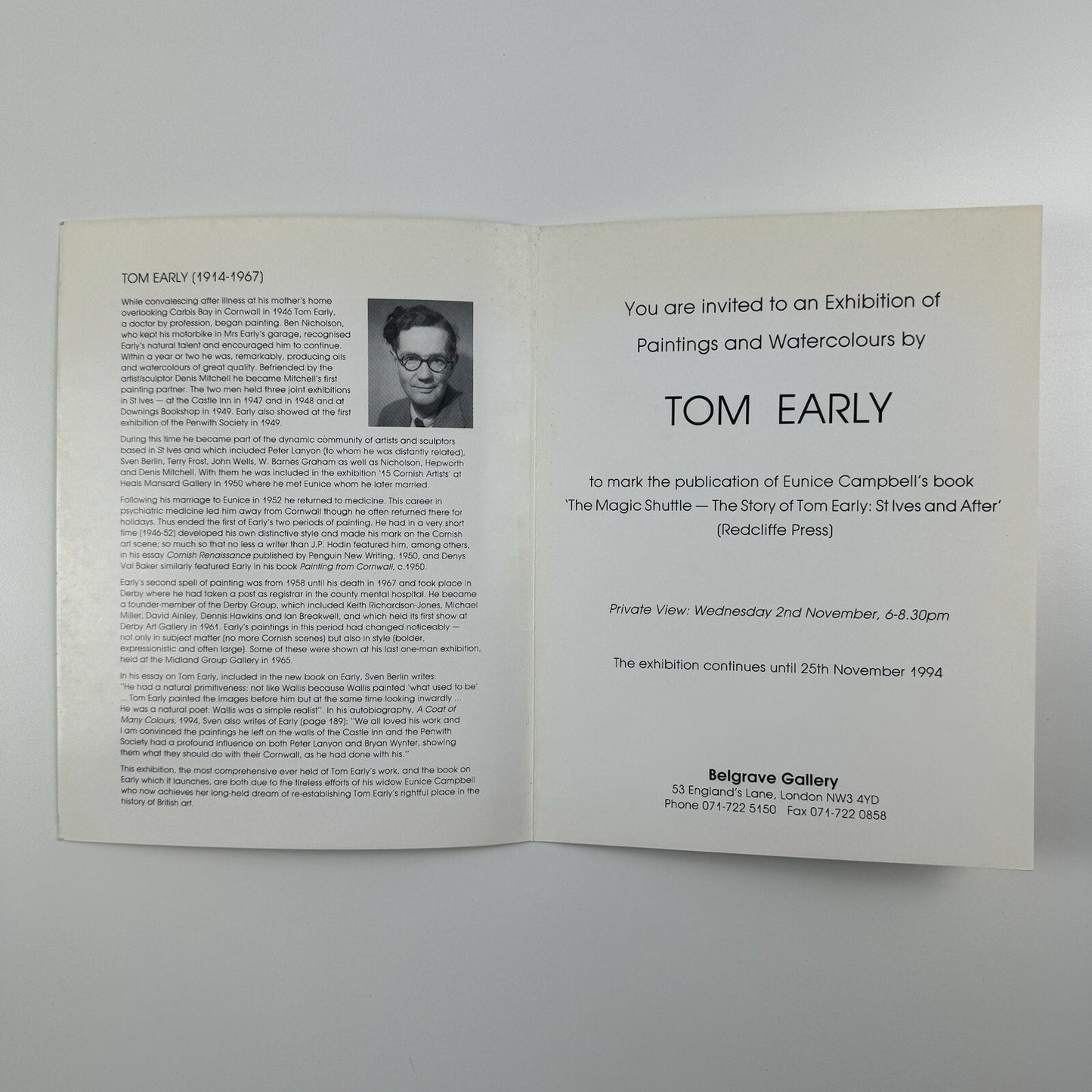 Tom Early (1914-1967) – folded exhibition card | The Rediscovery of a St Ives Artist | Belgrave Gallery, 1994