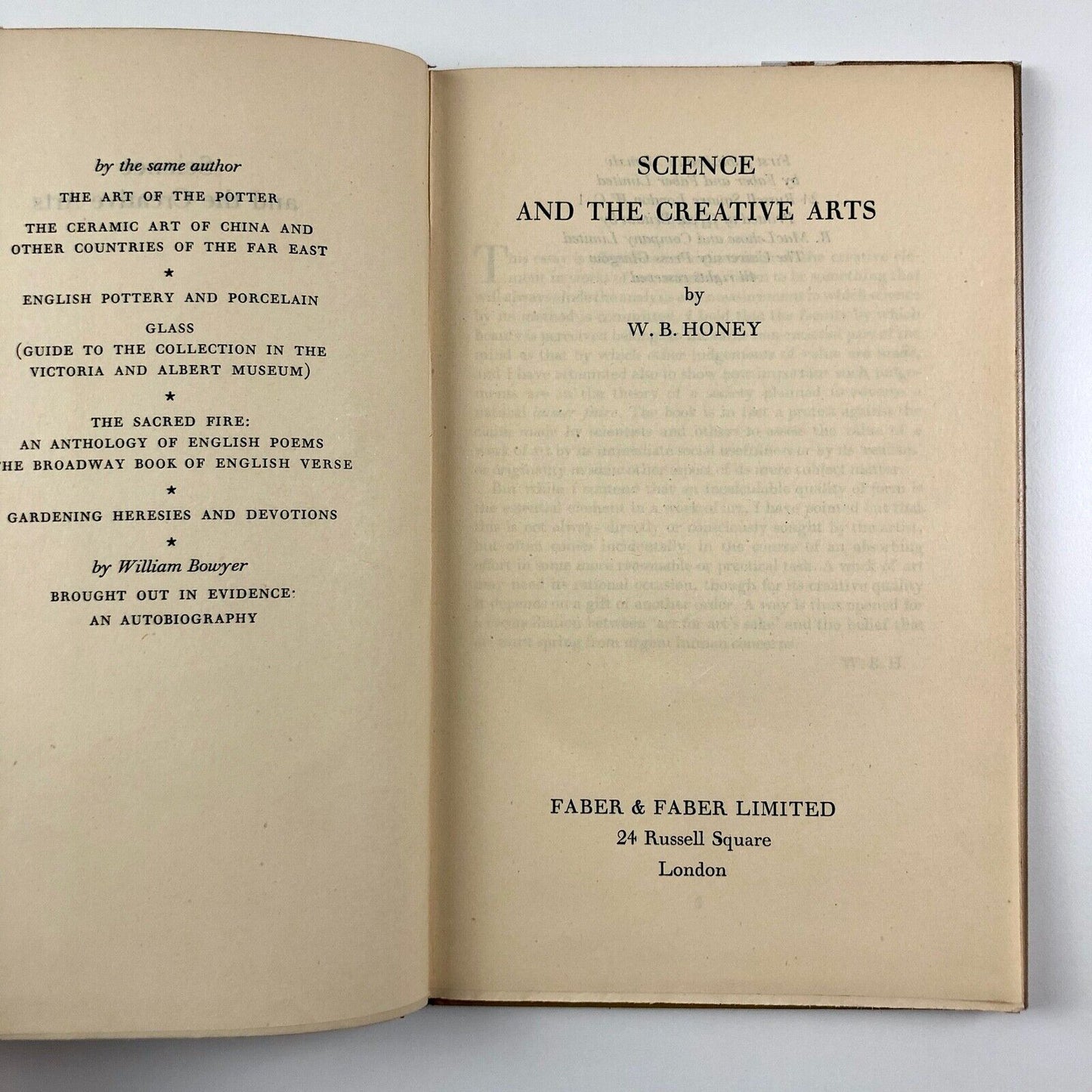 Science and the Creative Arts | William Bowyer Honey, Faber & Faber 1945