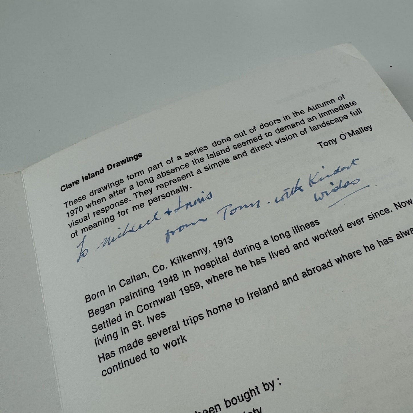 Tony O'Malley – Folded card and Private View invite | Tom Caldwell Galleries Dublin | Signed