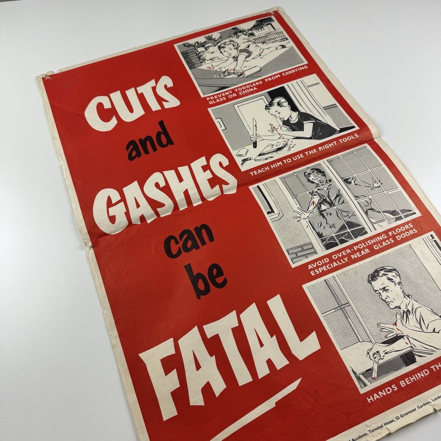 'Cuts and Gashes Can Be Fatal'. RoSPA Royal Society for Prevention of Accidents. Public information poster. Reference number suggests a date of 1944