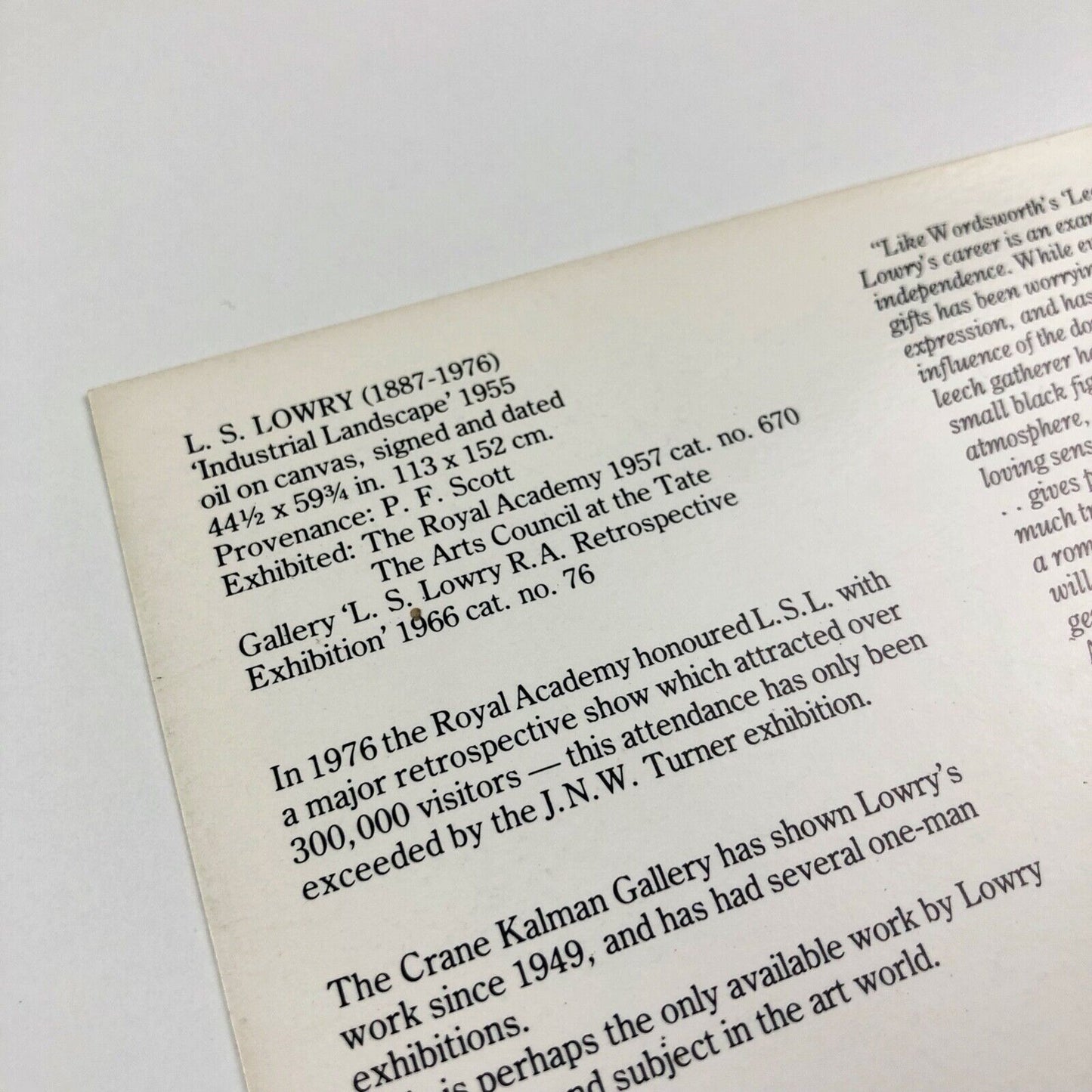 L.S. Lowry. | Promotional card for exhibition held at Crane Kalman Gallery | Undated