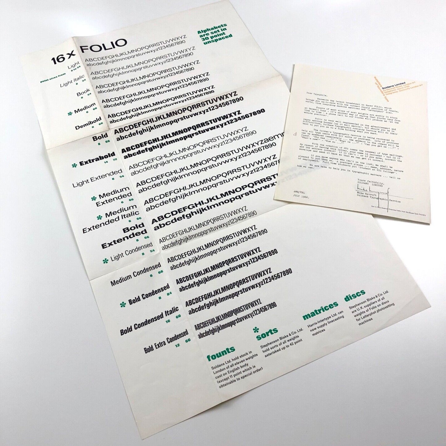 Soldans type specimen – broadsheet and related letter | '16 x Bauer Folio' | West Germany, July 1966