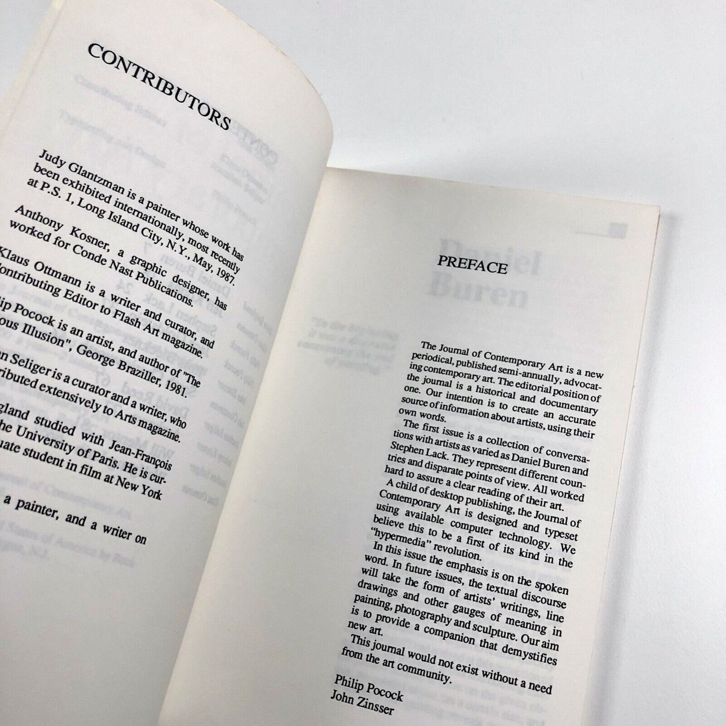 Journal of Contemporary Art. Volume 1 Number 1 First Issue Spring 1988 eds. Philip Pocock and John Zinsser
